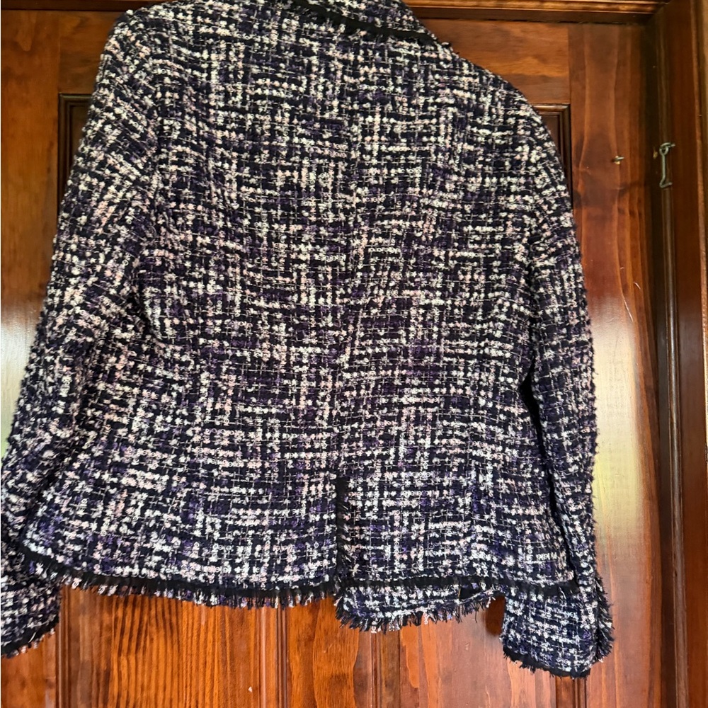 Anne Klein Navy & White Tweed Blazer with Fringe Trim - Picture 2 of 3